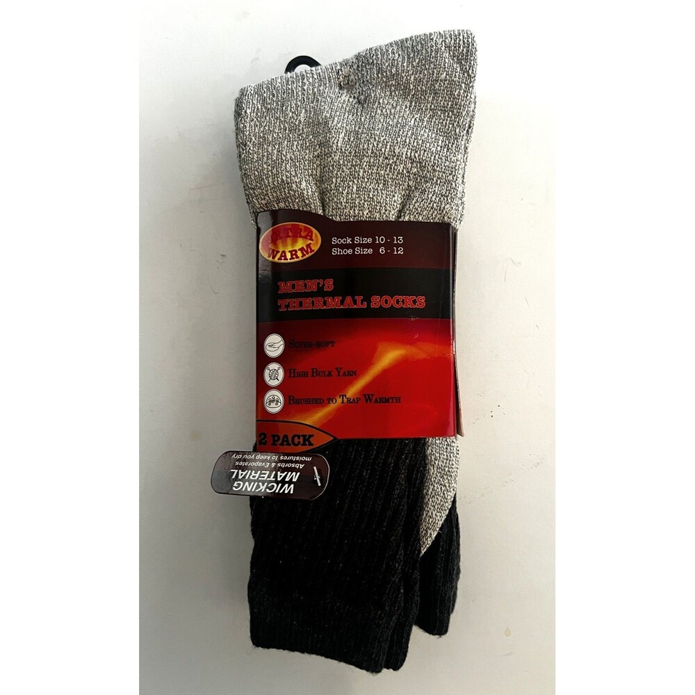 Thermal 2 Pack Socks Mens Shoe Size 6 - 12 Gray Black 2 Tone Xtra Warm Wicking